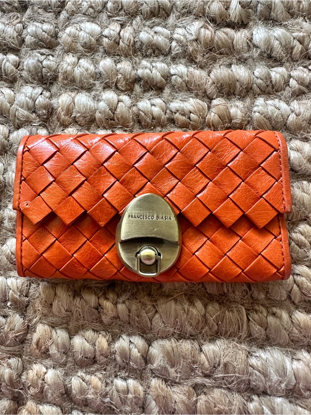 Francesco Biasia Woven Leather Key Holder Wallet Orange Intrecciato Style